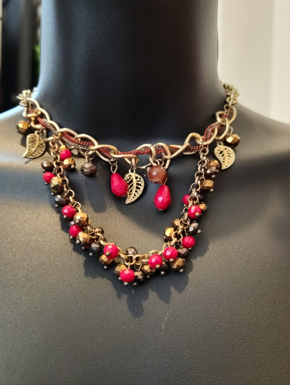 Gold-Tone Multistrand Choker Necklace with Red and Brown Beads